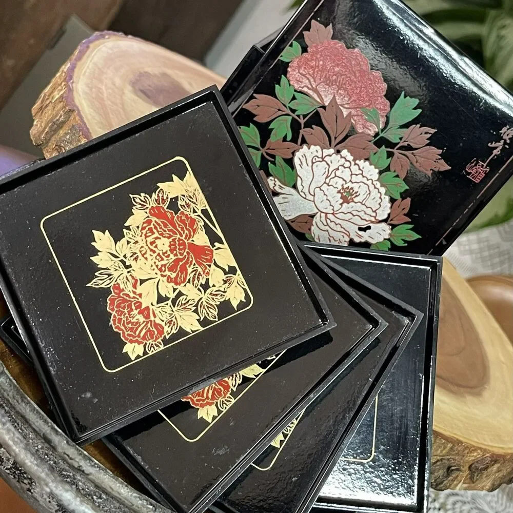 Vintage‎ Japanese Lacquerware Coaster Set with Box – Hand-Painted Floral Gold